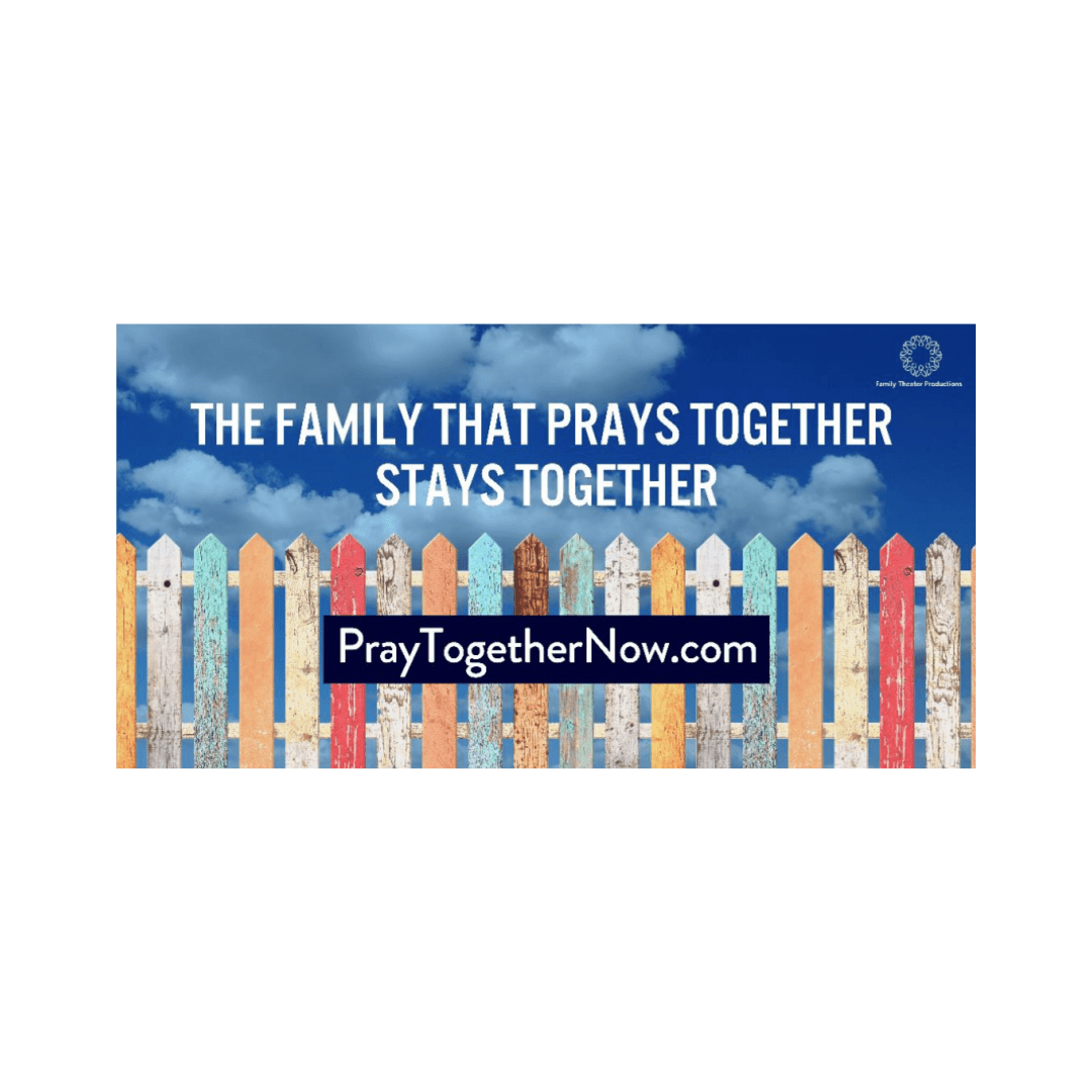 A poster of a multicolored picket fence with the words the family that prays together stays together