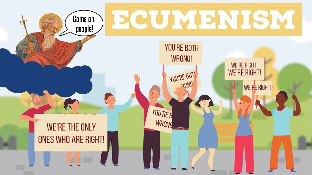 God scolds a group of people carrying protest signs.