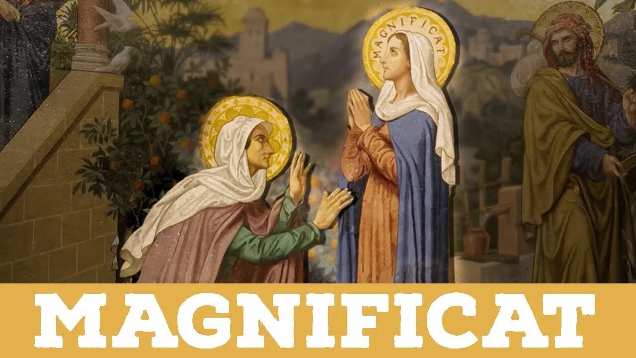 In a Bible scene, Mary visits her cousin Elizabeth.
