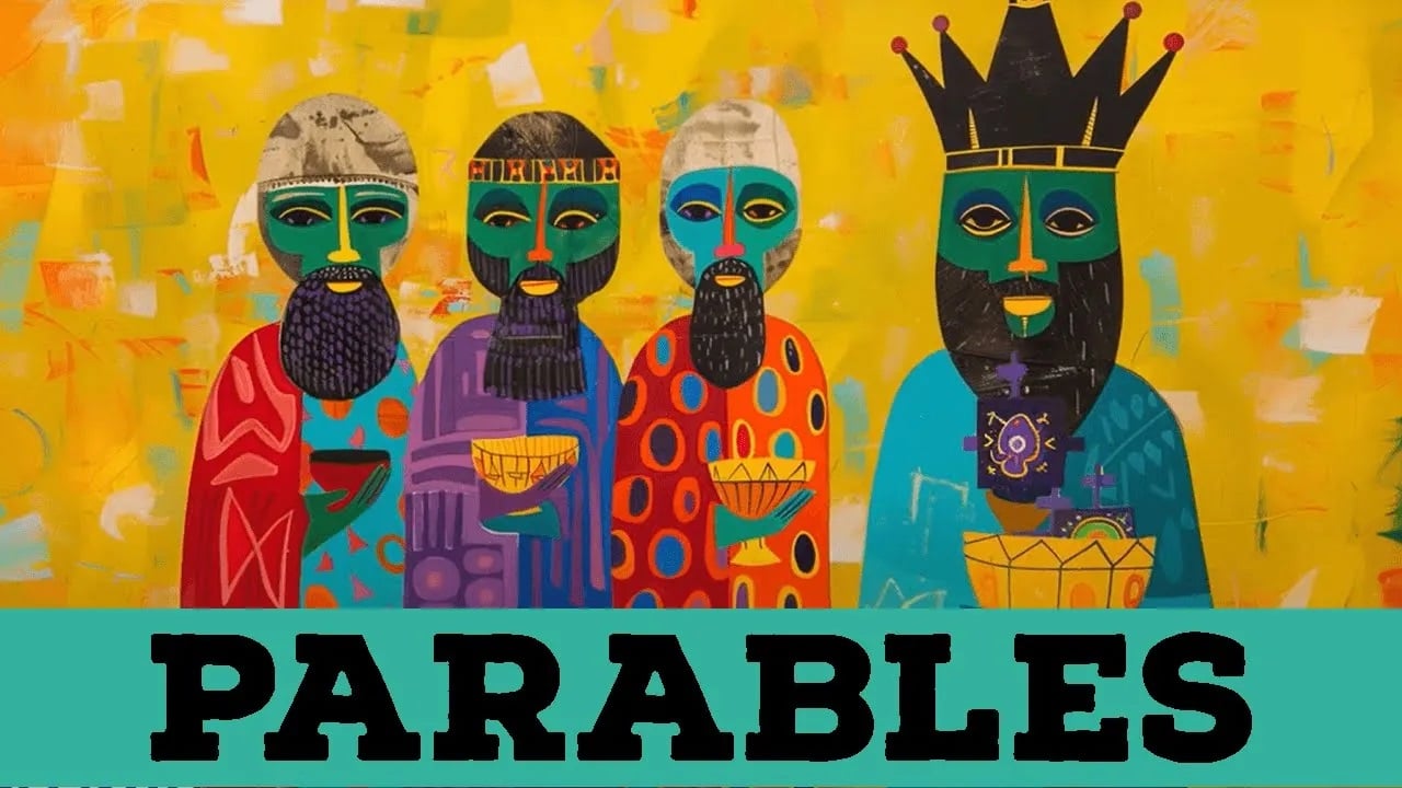 Artwork depicting figures in a Biblical parable.